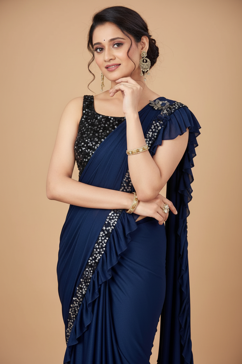 Snuggle Spot Women's Lycra Solid Saree With Unstitched Blouse (Nay Blue, 5.5 Mtr)