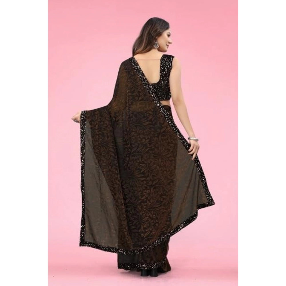 Snuggle Spot Women's Lycra Floral Saree With Unstitched Blouse (Brown, 5.5 Mtr)