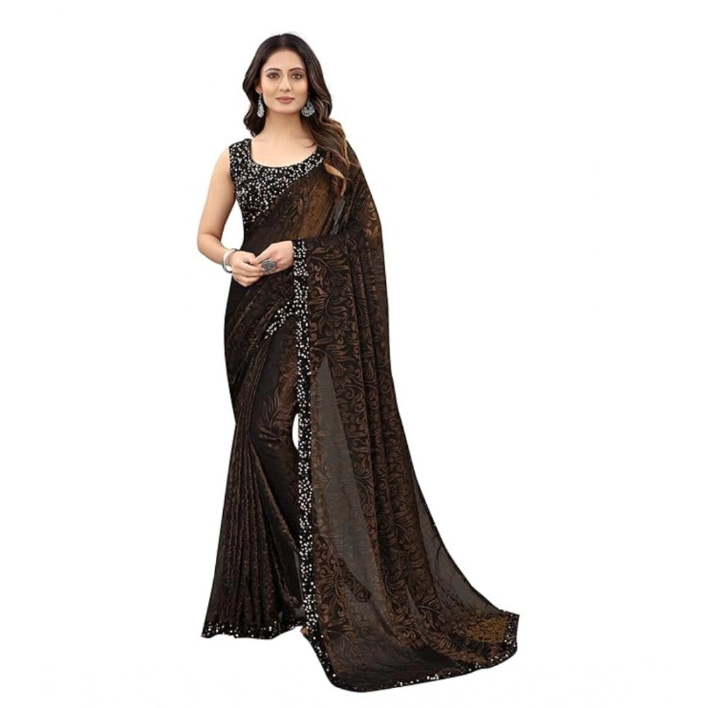 Snuggle Spot Women's Lycra Floral Saree With Unstitched Blouse (Brown, 5.5 Mtr)