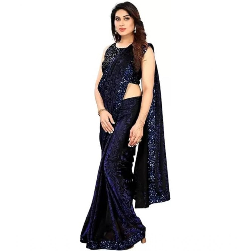 Snuggle Spot Women's Lycra Floral Saree With Unstitched Blouse (Blue, 5.5 Mtr)