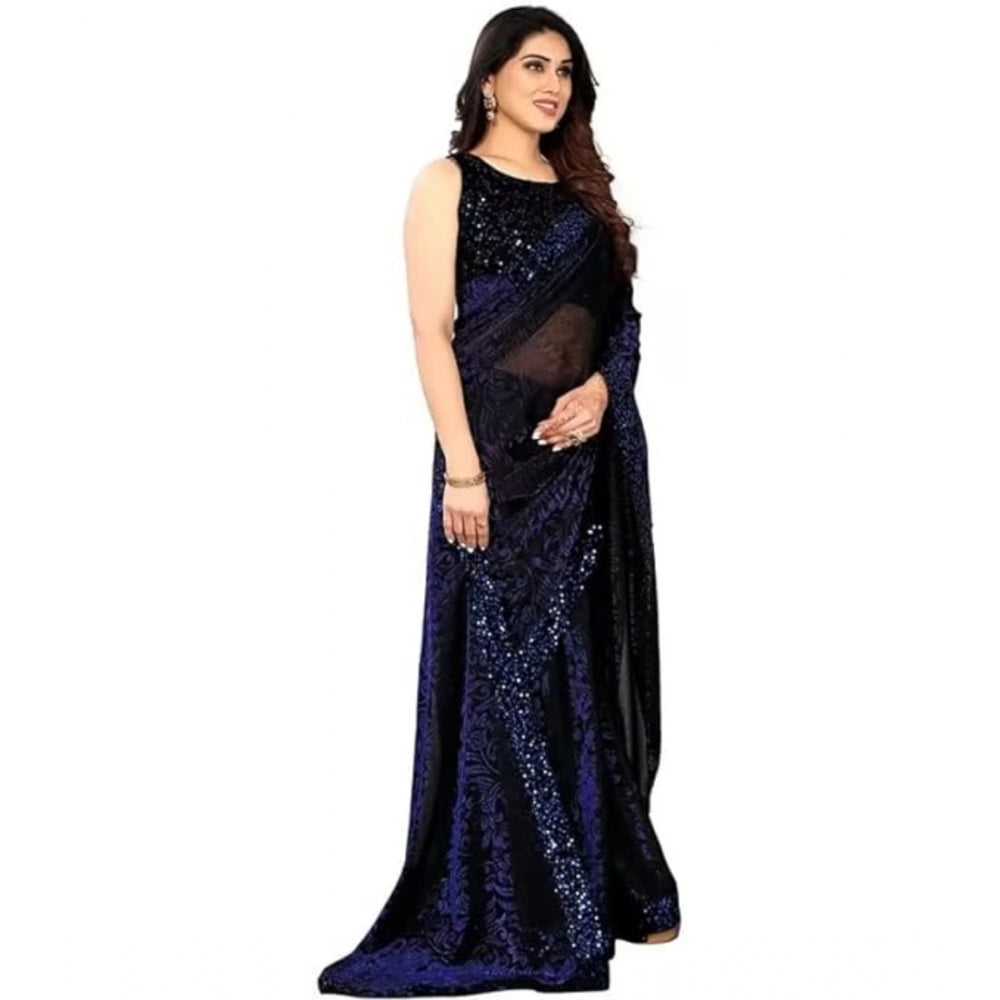 Snuggle Spot Women's Lycra Floral Saree With Unstitched Blouse (Blue, 5.5 Mtr)