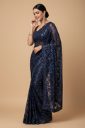 Snuggle Spot Women's Lycra Floral Saree With Unstitched Blouse (Blue, 5.5 Mtr)