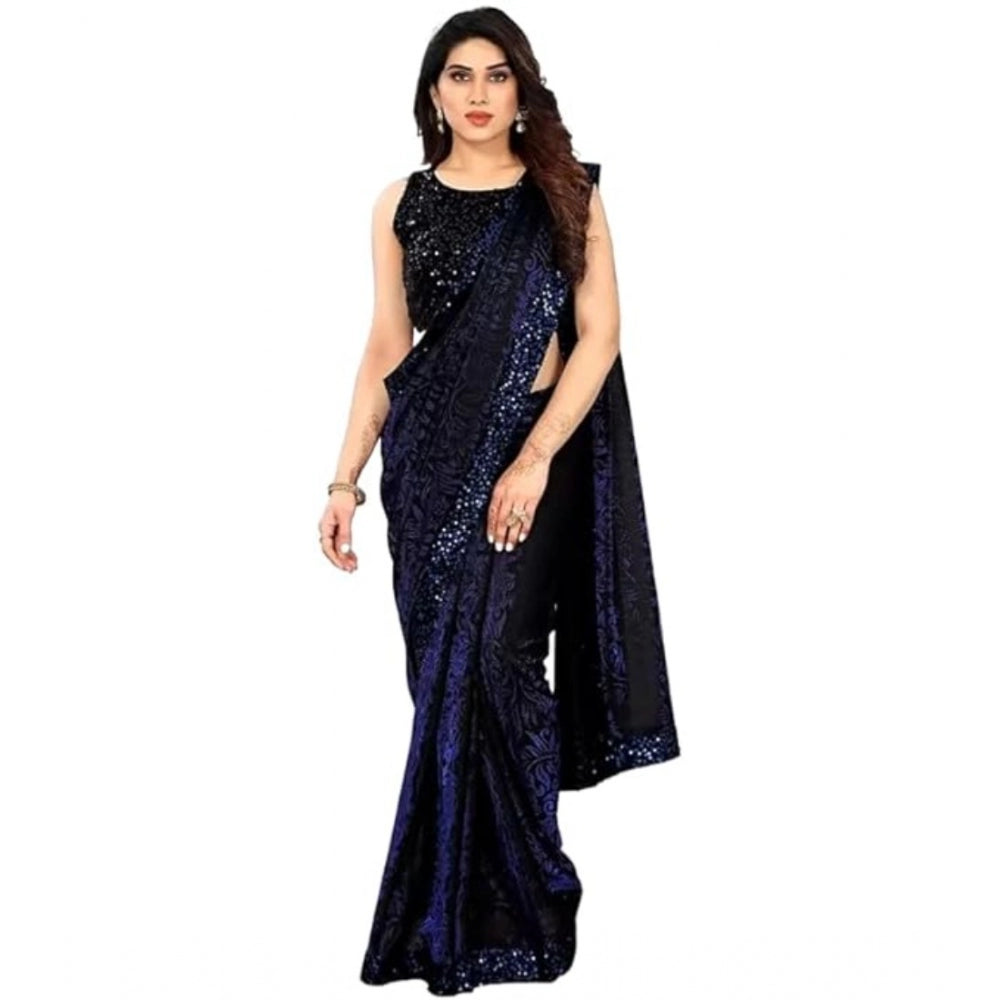 Snuggle Spot Women's Lycra Floral Saree With Unstitched Blouse (Blue, 5.5 Mtr)