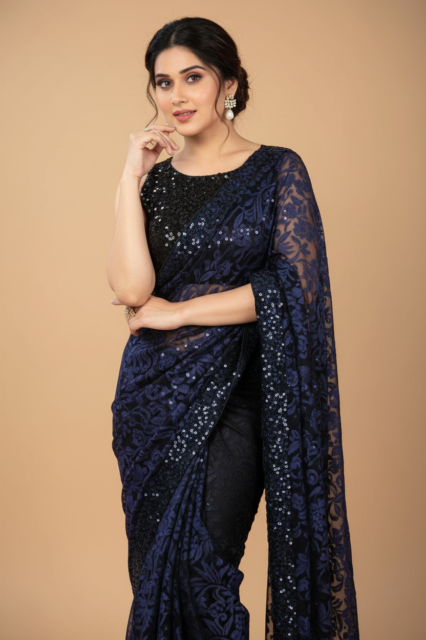 Snuggle Spot Women's Lycra Floral Saree With Unstitched Blouse (Blue, 5.5 Mtr)