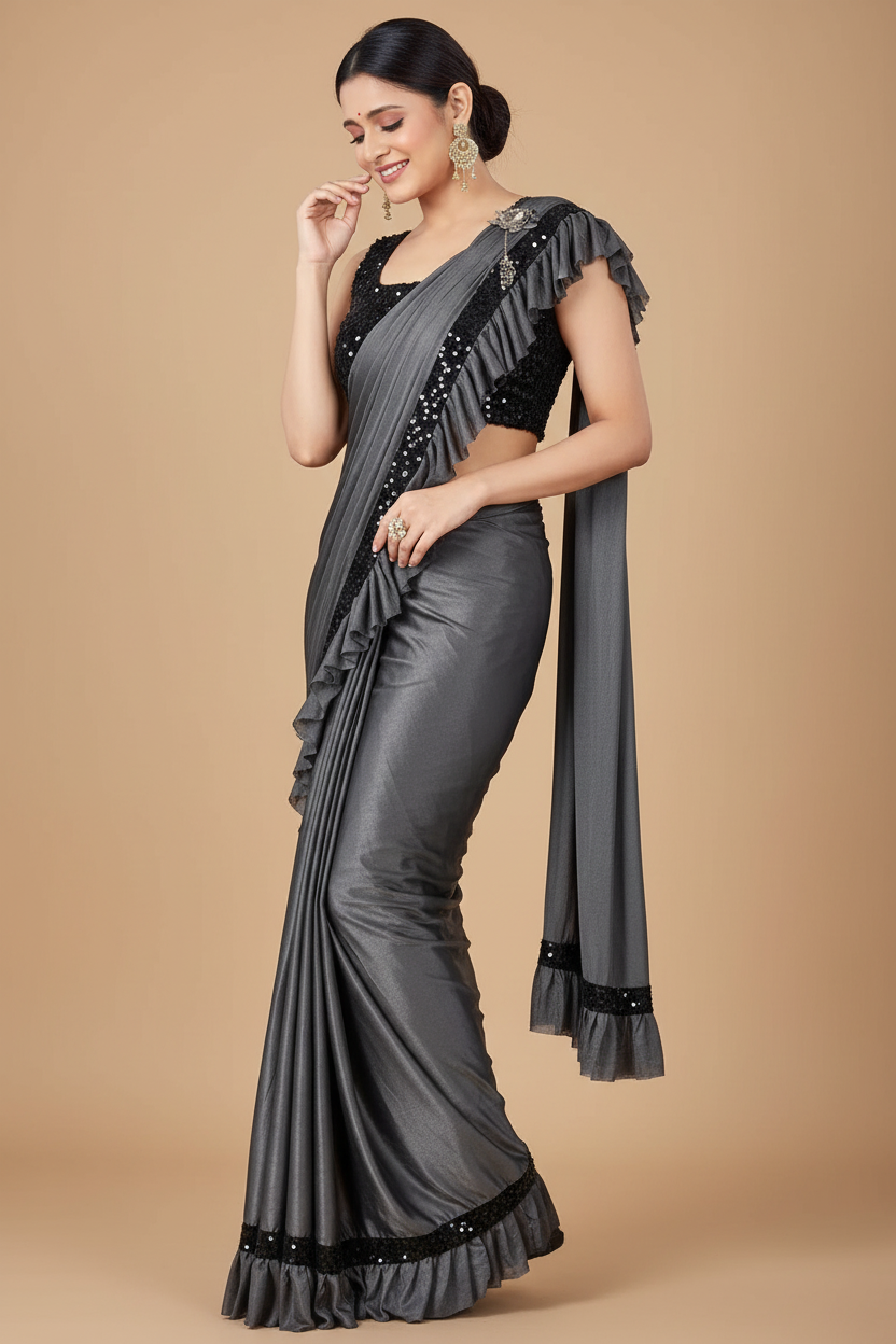 Snuggle Spot Women's Lycra Solid Saree With Unstitched Blouse (Grey, 5.5 Mtr)