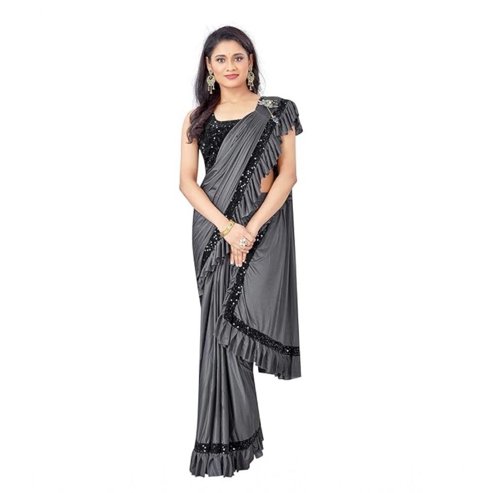 Snuggle Spot Women's Lycra Solid Saree With Unstitched Blouse (Grey, 5.5 Mtr)