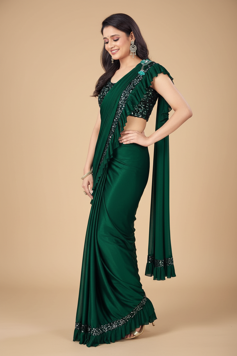 Snuggle Spot Women's Lycra Solid Saree With Unstitched Blouse (Green, 5.5 Mtr)