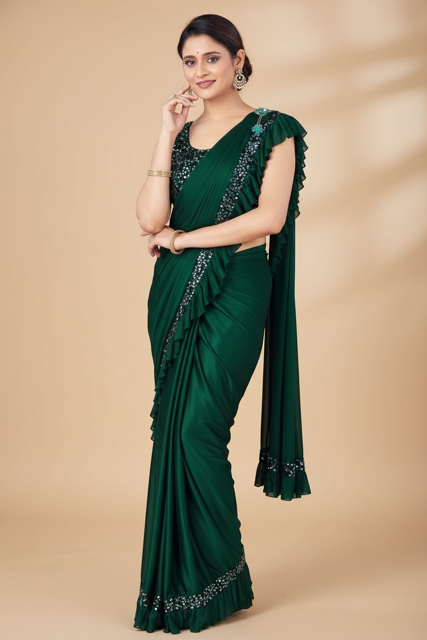 Snuggle Spot Women's Lycra Solid Saree With Unstitched Blouse (Green, 5.5 Mtr)
