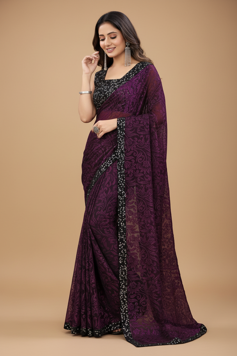 Snuggle Spot Women's Lycra Floral Saree With Unstitched Blouse (Wine, 5.5 Mtr)