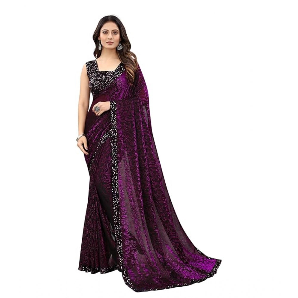 Snuggle Spot Women's Lycra Floral Saree With Unstitched Blouse (Wine, 5.5 Mtr)