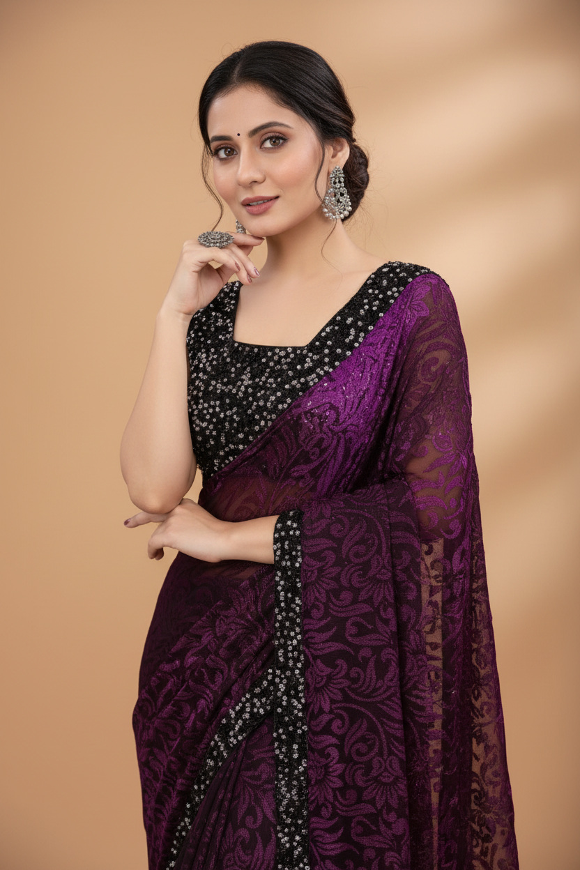 Snuggle Spot Women's Lycra Floral Saree With Unstitched Blouse (Wine, 5.5 Mtr)