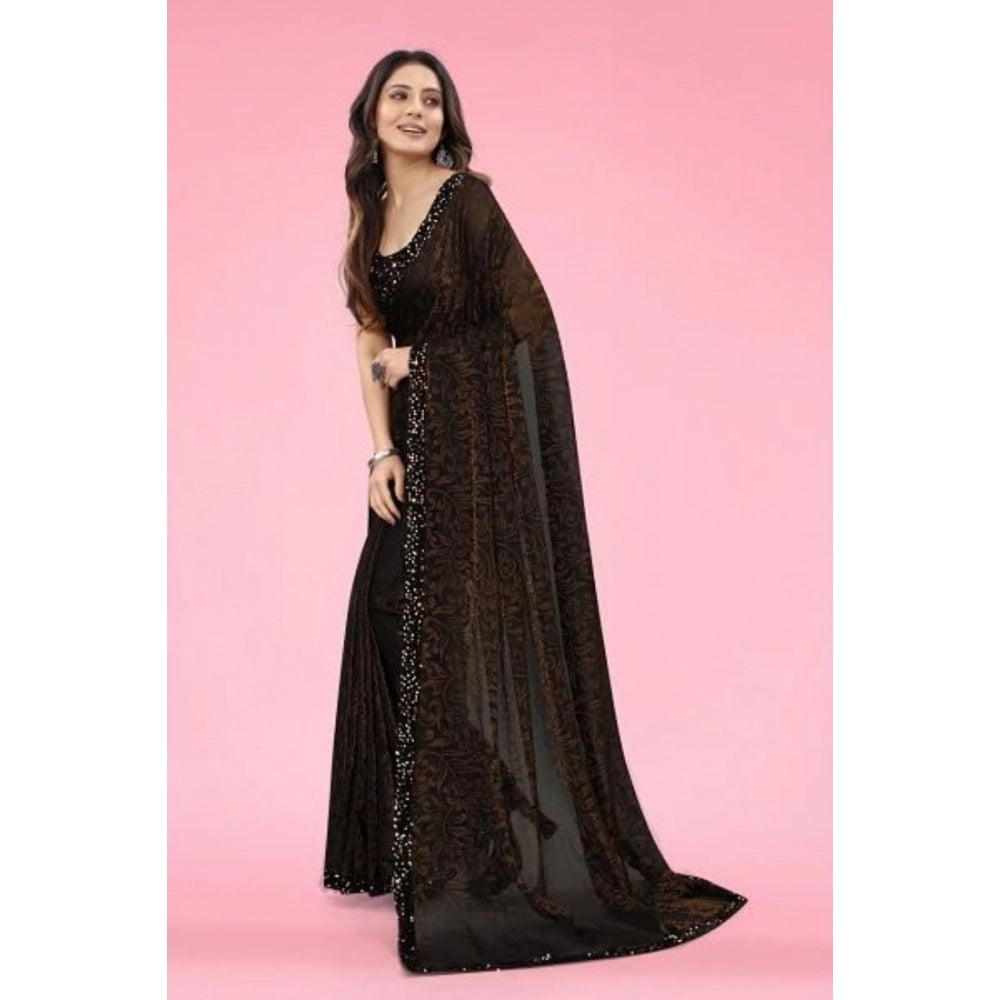Snuggle Spot Women's Lycra Floral Saree With Unstitched Blouse (Brown, 5.5 Mtr)