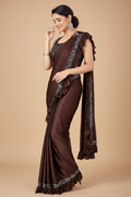 Snuggle Spot Women's Lycra Solid Saree With Unstitched Blouse (Brown, 5.5 Mtr)