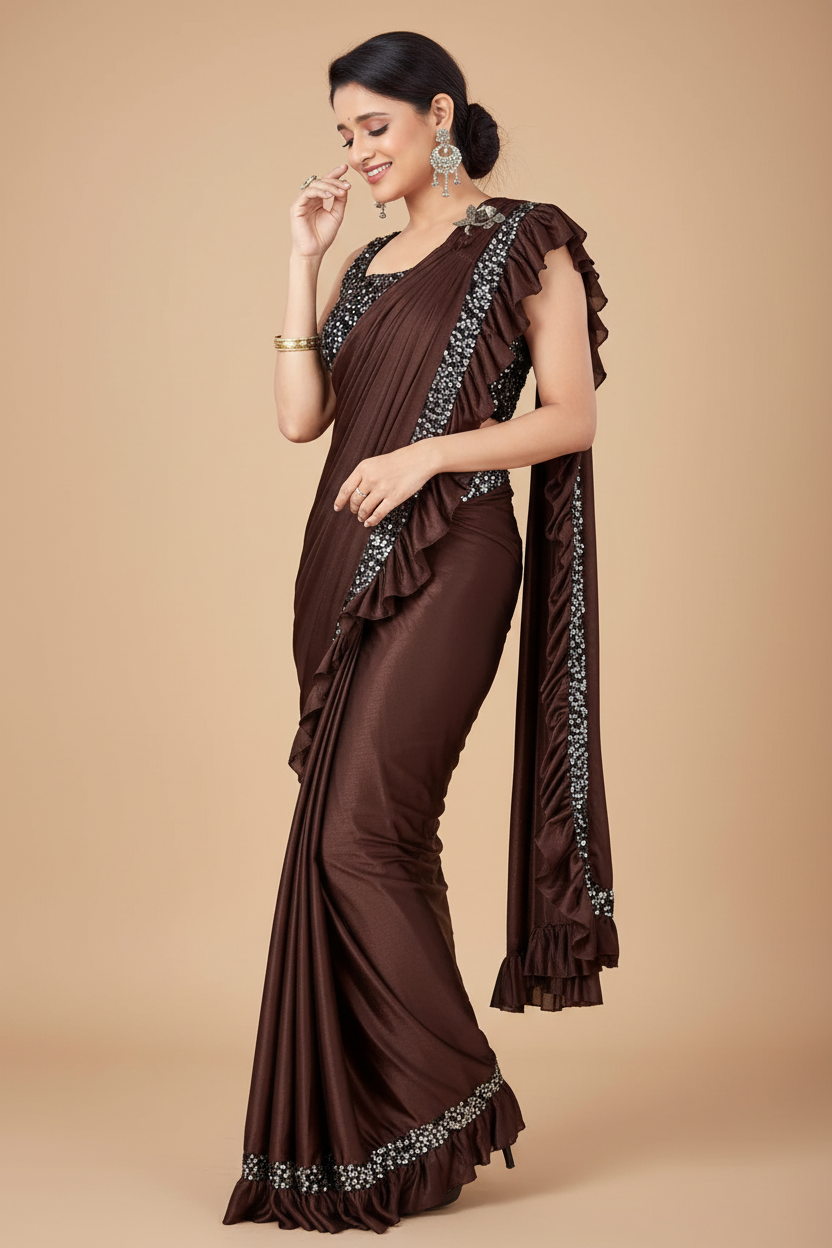 Snuggle Spot Women's Lycra Solid Saree With Unstitched Blouse (Brown, 5.5 Mtr)