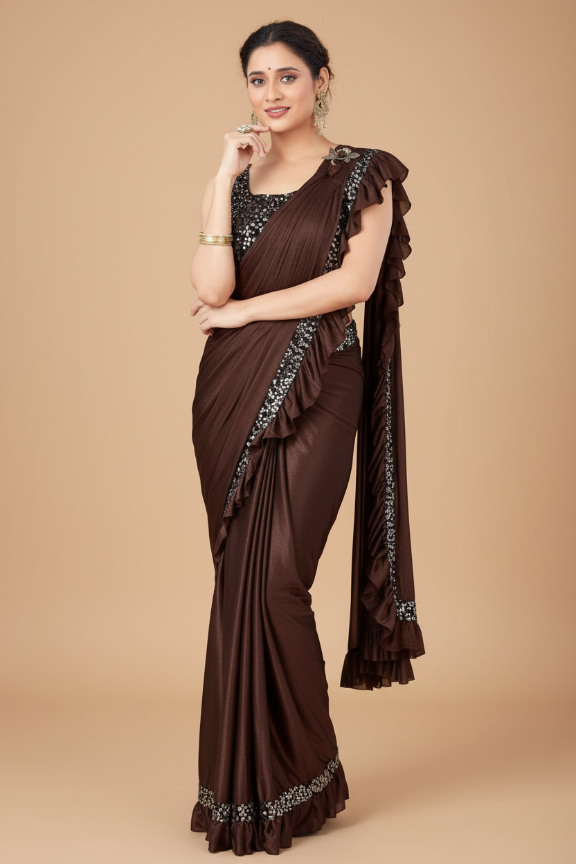 Snuggle Spot Women's Lycra Solid Saree With Unstitched Blouse (Brown, 5.5 Mtr)