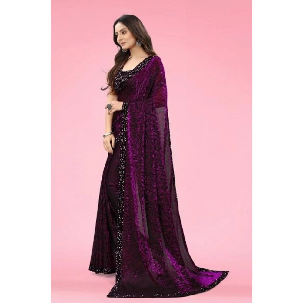 Snuggle Spot Women's Lycra Floral Saree With Unstitched Blouse (Wine, 5.5 Mtr)