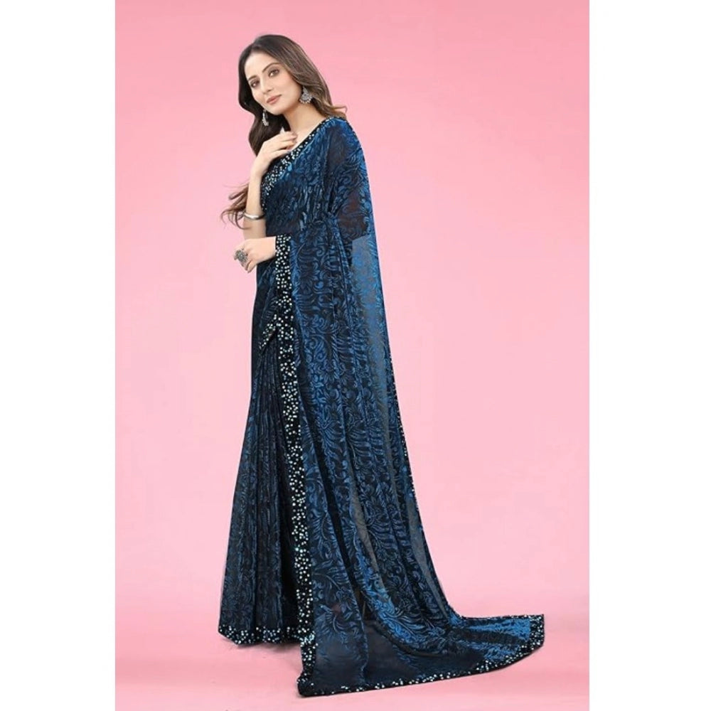 Snuggle Spot Women's Lycra Floral Saree With Unstitched Blouse (Blue, 5.5 Mtr)