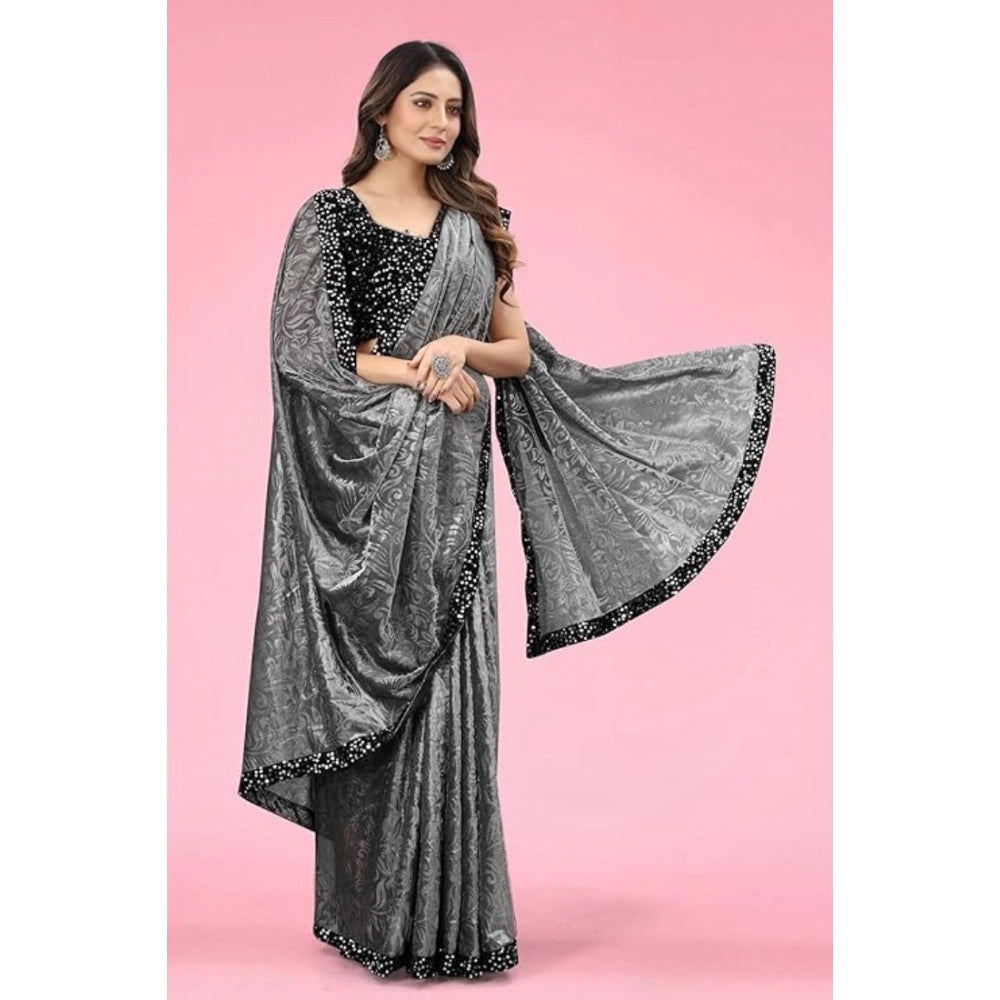Snuggle Spot Women's Lycra Floral Saree With Unstitched Blouse (Grey, 5.5 Mtr)