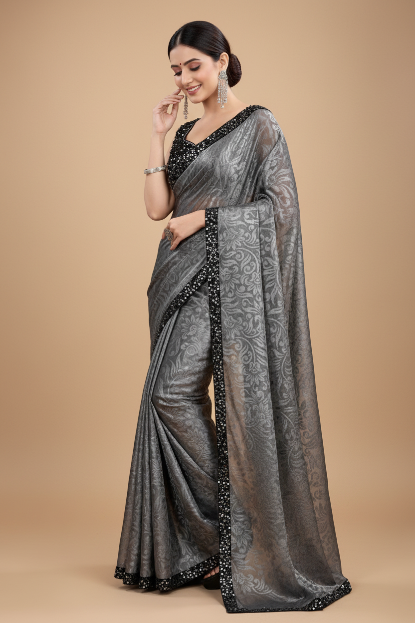 Snuggle Spot Women's Lycra Floral Saree With Unstitched Blouse (Grey, 5.5 Mtr)