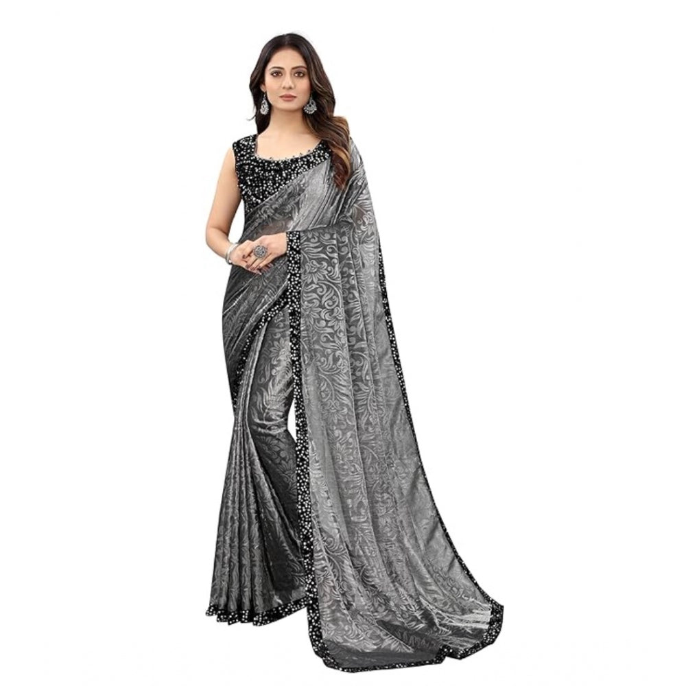 Snuggle Spot Women's Lycra Floral Saree With Unstitched Blouse (Grey, 5.5 Mtr)