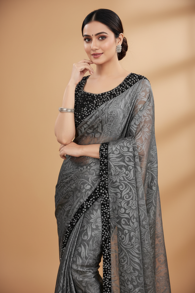 Snuggle Spot Women's Lycra Floral Saree With Unstitched Blouse (Grey, 5.5 Mtr)