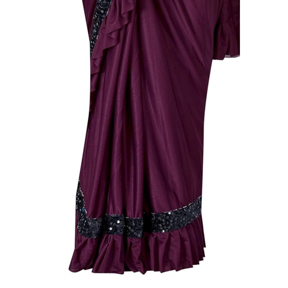 Snuggle Spot Women's Lycra Solid Saree With Unstitched Blouse (Wine, 5.5 Mtr)