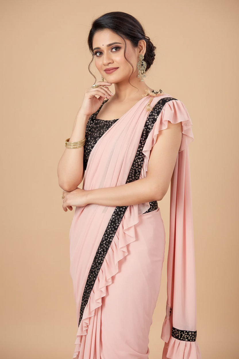 Snuggle Spot Women's Lycra Solid Saree With Unstitched Blouse (Peach, 5.5 Mtr)
