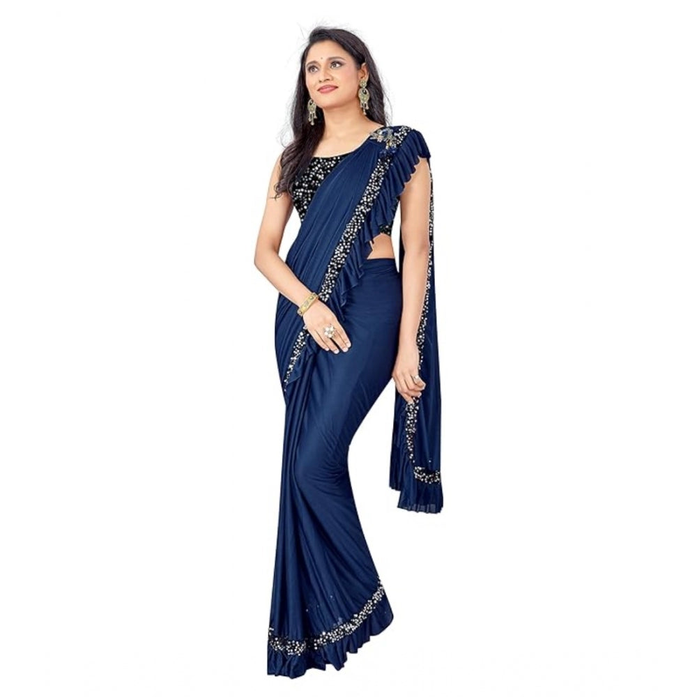 Snuggle Spot Women's Lycra Solid Saree With Unstitched Blouse (Nay Blue, 5.5 Mtr)
