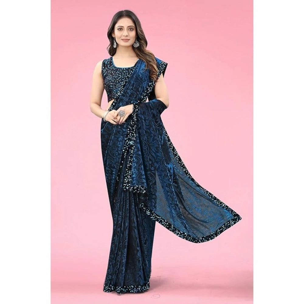 Snuggle Spot Women's Lycra Floral Saree With Unstitched Blouse (Blue, 5.5 Mtr)
