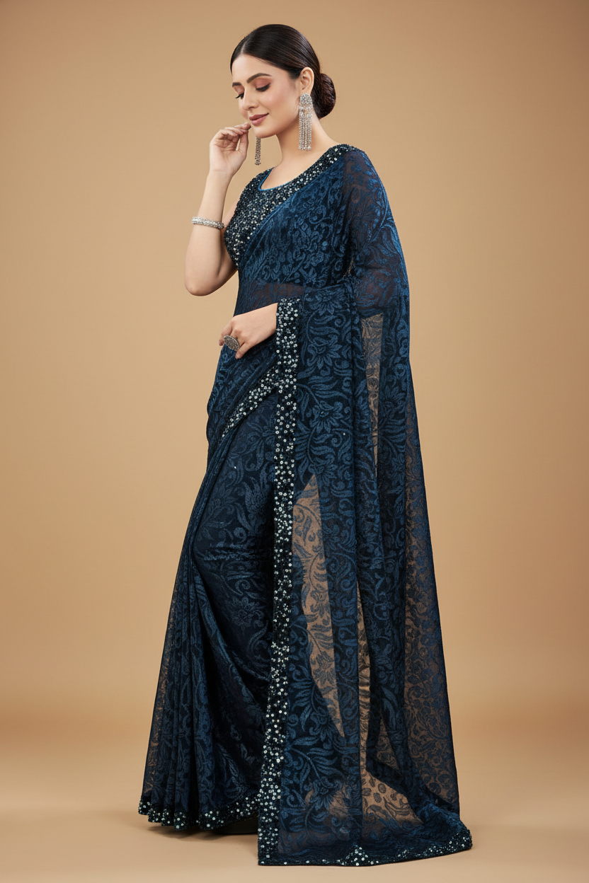 Snuggle Spot Women's Lycra Floral Saree With Unstitched Blouse (Blue, 5.5 Mtr)