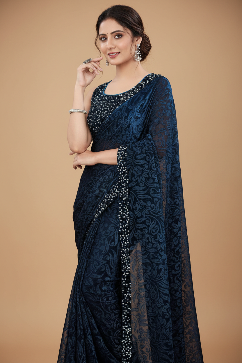 Snuggle Spot Women's Lycra Floral Saree With Unstitched Blouse (Blue, 5.5 Mtr)