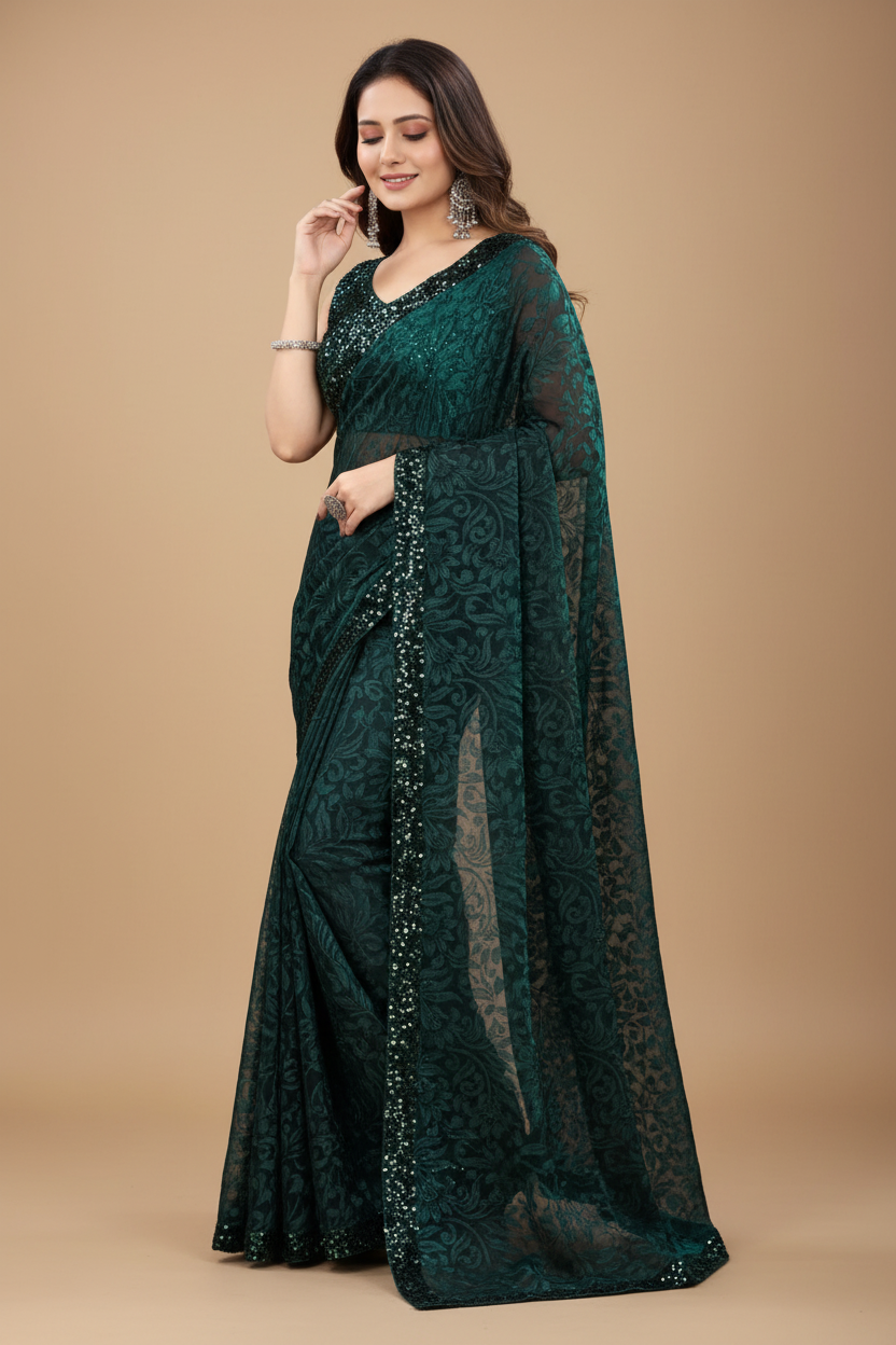 Snuggle Spot Women's Lycra Floral Saree With Unstitched Blouse (Green, 5.5 Mtr)