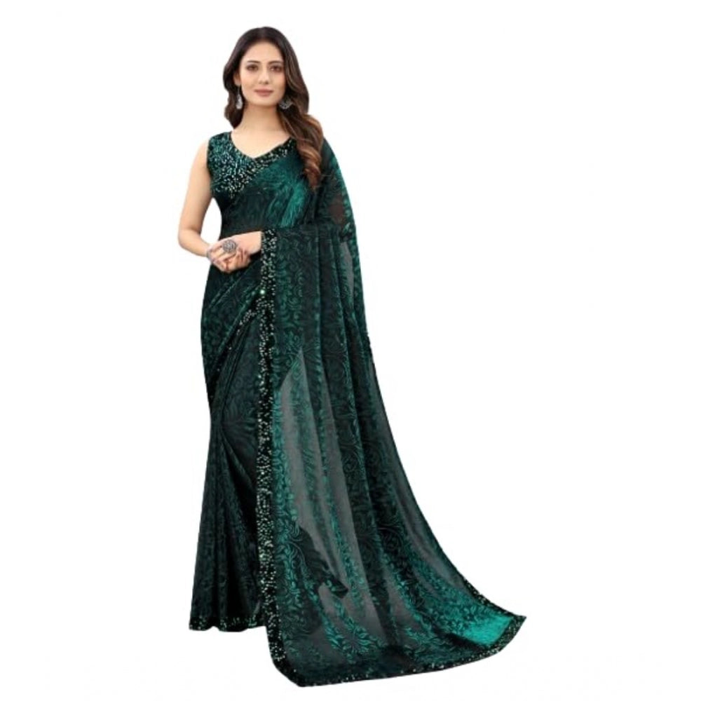 Snuggle Spot Women's Lycra Floral Saree With Unstitched Blouse (Green, 5.5 Mtr)