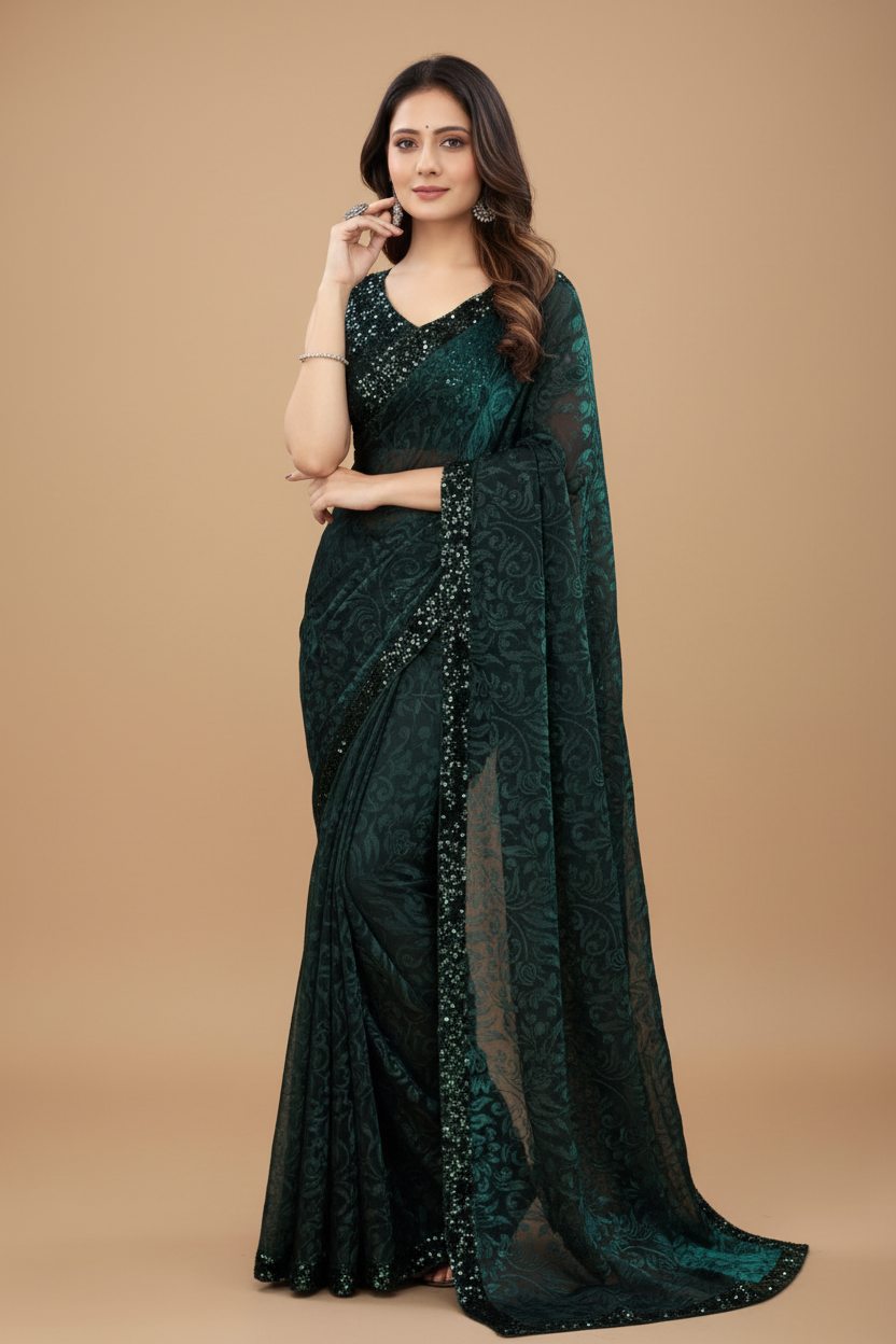 Snuggle Spot Women's Lycra Floral Saree With Unstitched Blouse (Green, 5.5 Mtr)
