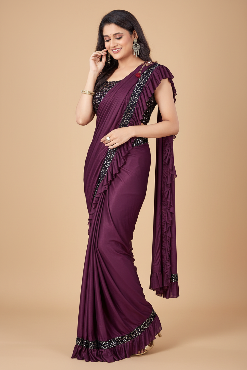 Snuggle Spot Women's Lycra Solid Saree With Unstitched Blouse (Wine, 5.5 Mtr)