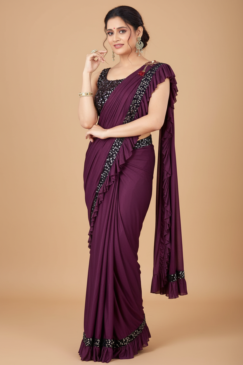Snuggle Spot Women's Lycra Solid Saree With Unstitched Blouse (Wine, 5.5 Mtr)