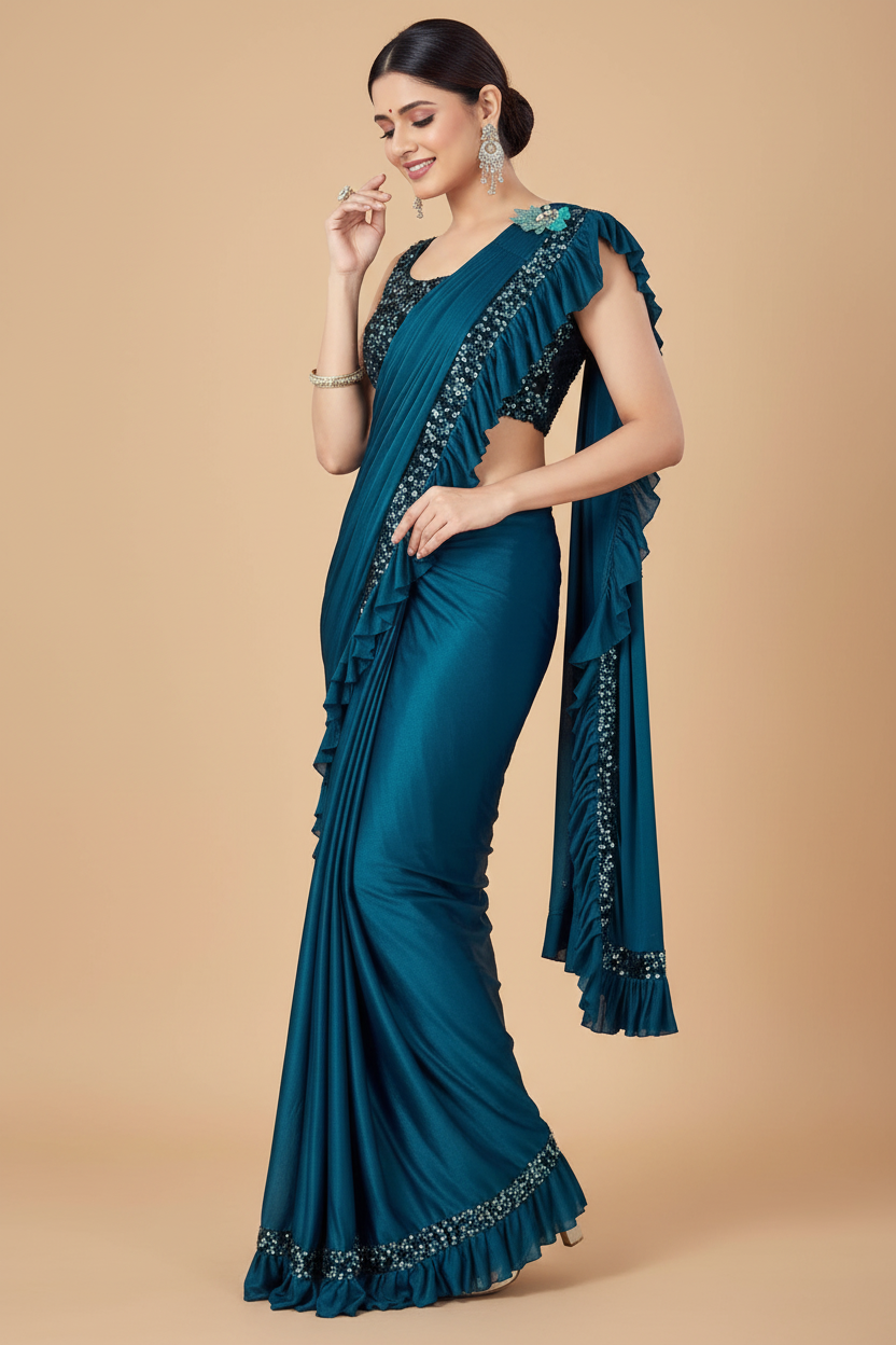 Snuggle Spot Women's Lycra Solid Saree With Unstitched Blouse (Rama, 5.5 Mtr)