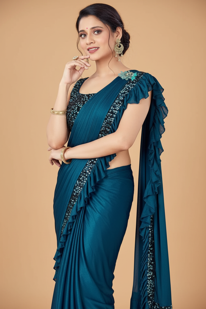Snuggle Spot Women's Lycra Solid Saree With Unstitched Blouse (Rama, 5.5 Mtr)