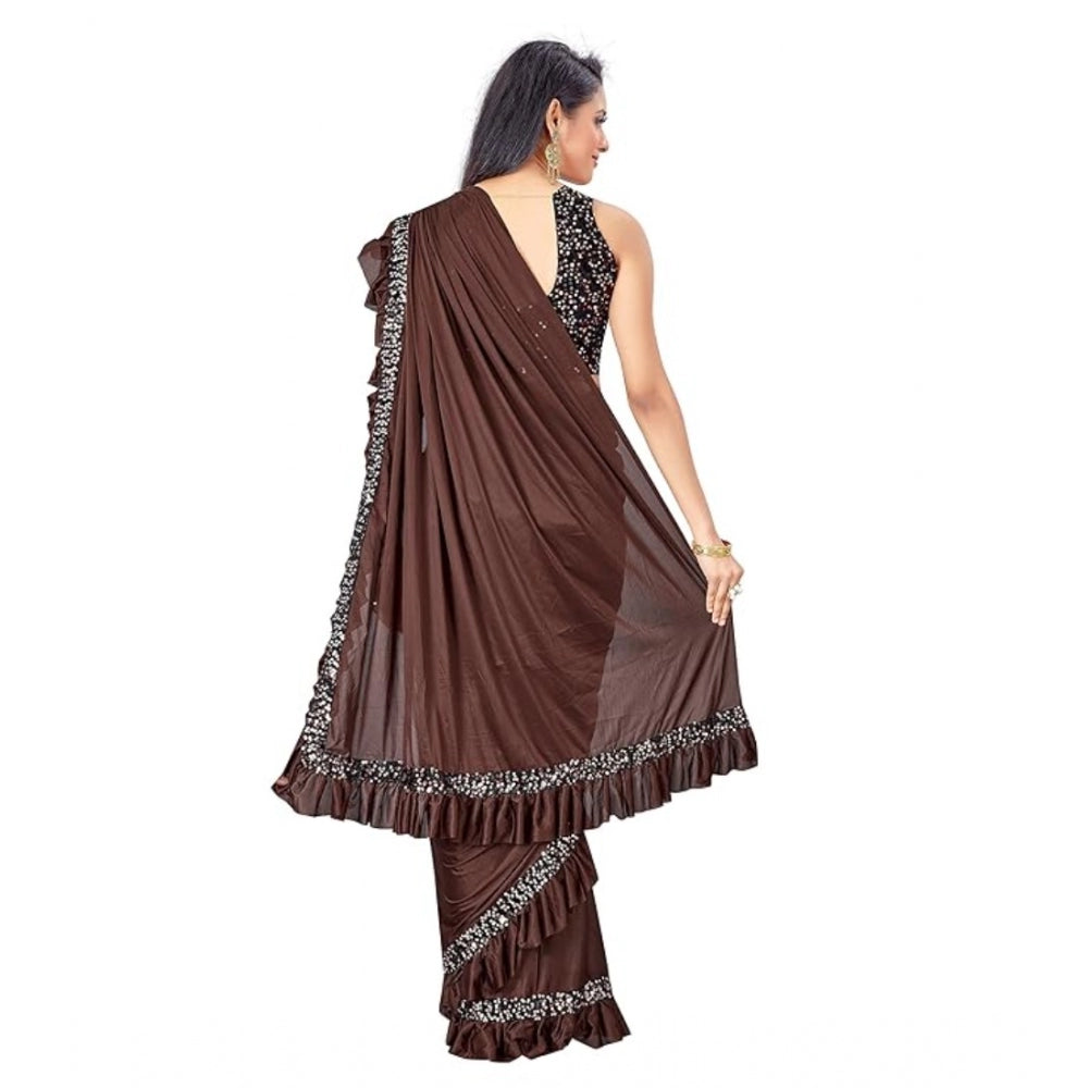 Snuggle Spot Women's Lycra Solid Saree With Unstitched Blouse (Brown, 5.5 Mtr)