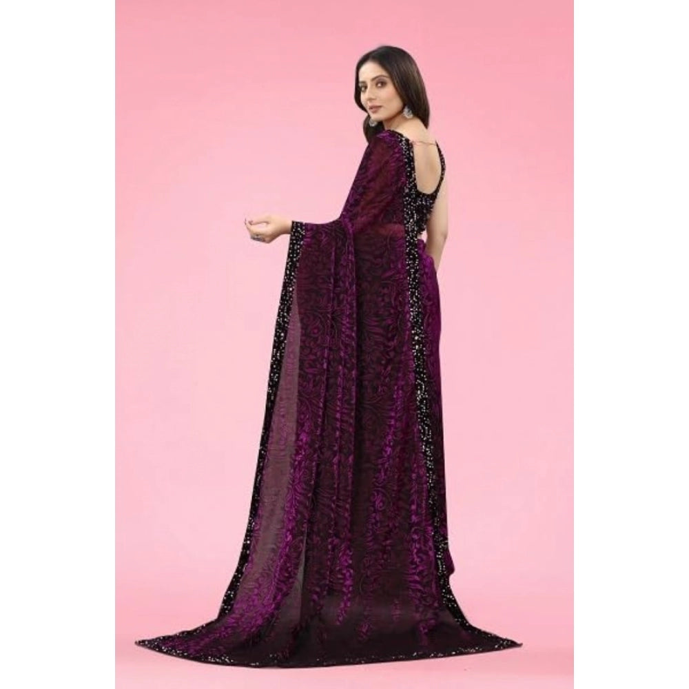 Snuggle Spot Women's Lycra Floral Saree With Unstitched Blouse (Wine, 5.5 Mtr)