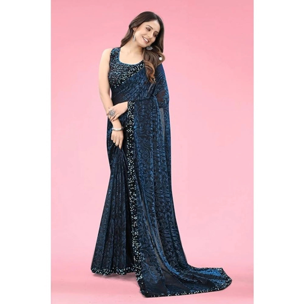 Snuggle Spot Women's Lycra Floral Saree With Unstitched Blouse (Blue, 5.5 Mtr)