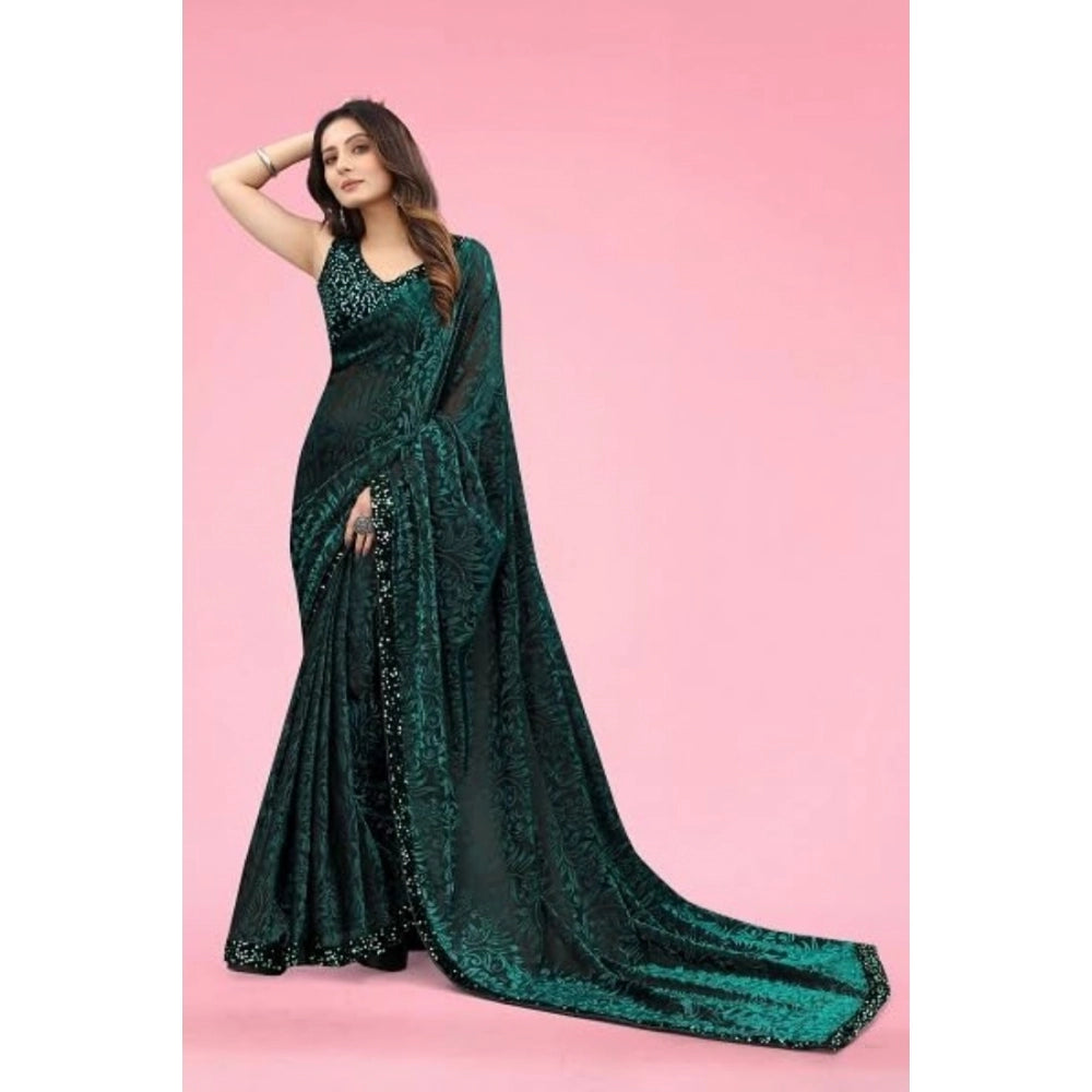 Snuggle Spot Women's Lycra Floral Saree With Unstitched Blouse (Green, 5.5 Mtr)