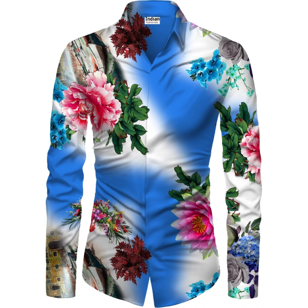 Snuggle Spot Men's Casual Floral Printed Cotton Blend Unstitched Shirt Fabric 1.6 Mtrs (Blue)