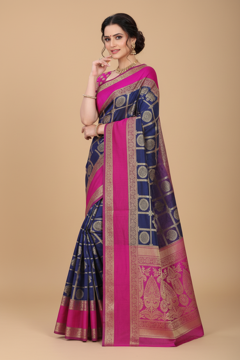 Snuggle Spot Women's Jacquard Woven Saree With Unstitched Blouse 5.5Mtr (Blue)