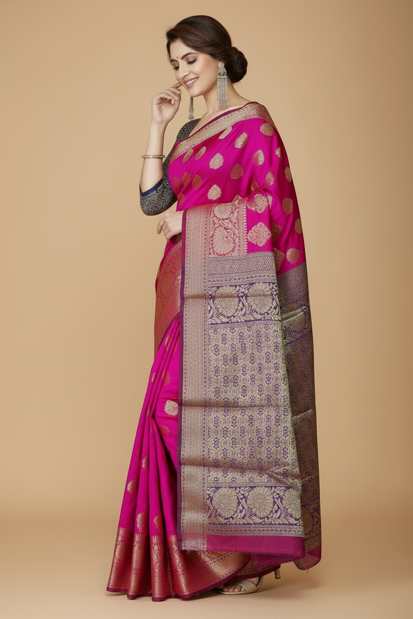 Snuggle Spot Women's Jacquard Woven Saree With Unstitched Blouse 5.5Mtr (Pink)