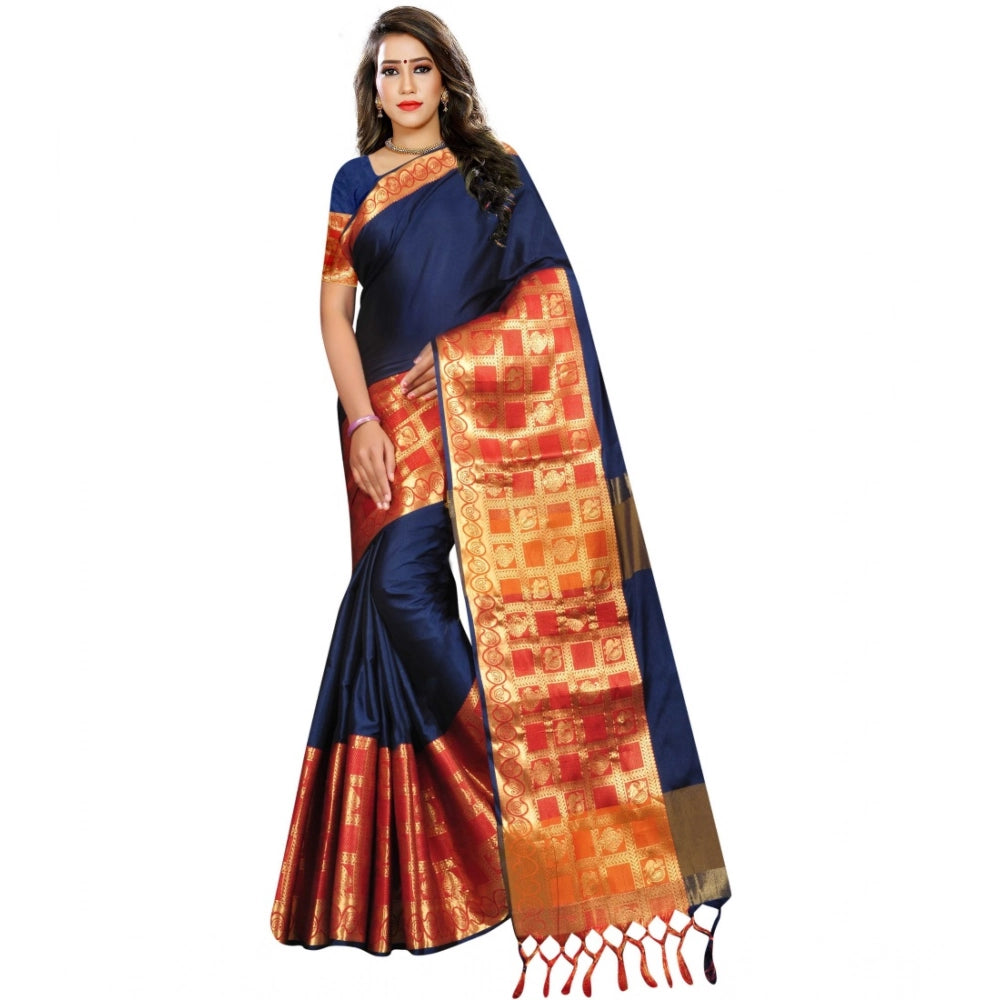 Snuggle Spot Women's Jacquard Woven Saree With Unstitched Blouse 5.5Mtr (Blue)