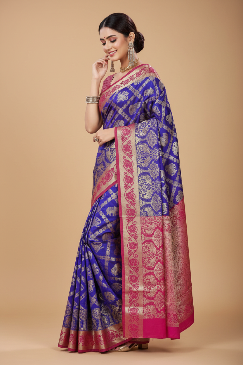 Snuggle Spot Women's Jacquard Woven Saree With Unstitched Blouse 5.5Mtr (Blue)