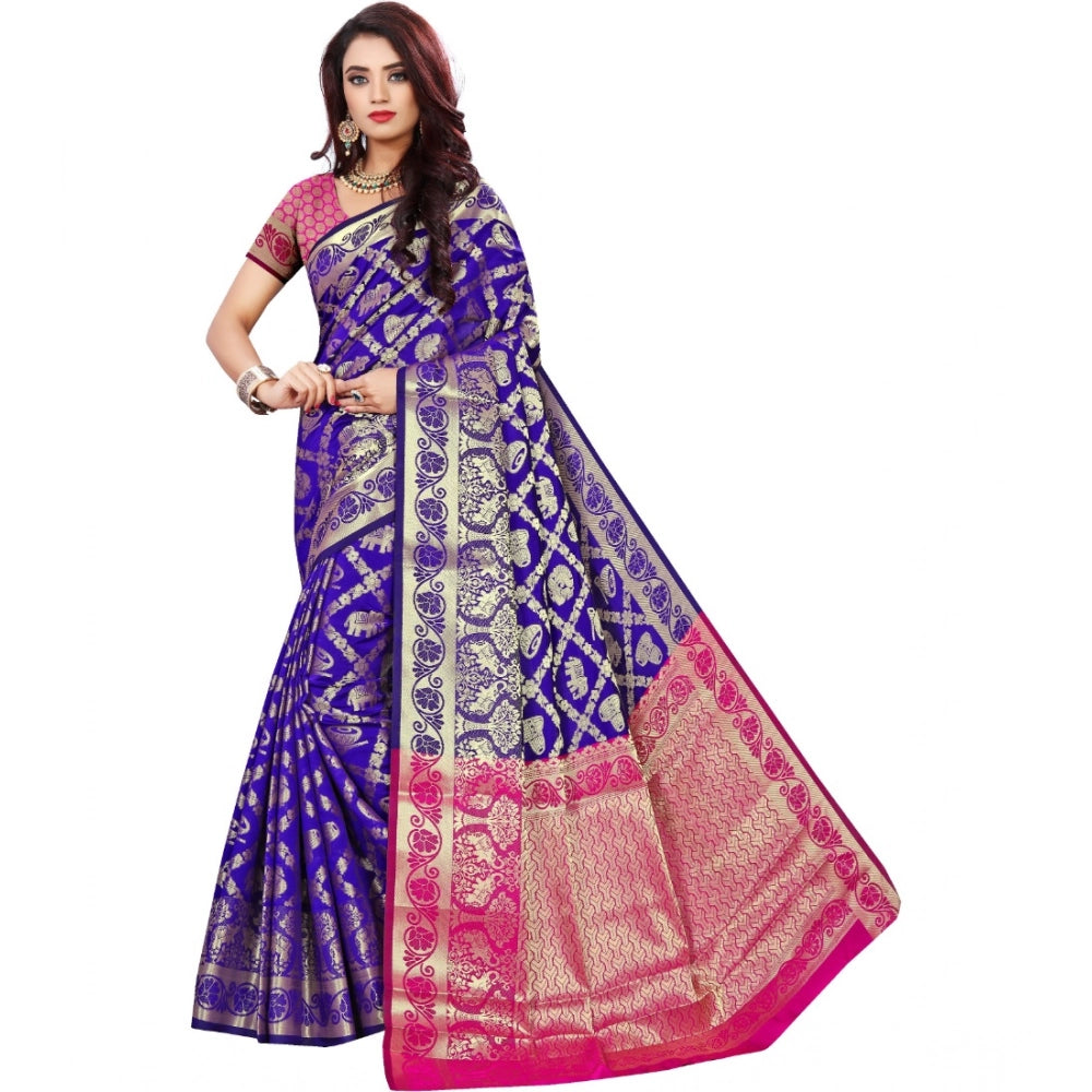 Snuggle Spot Women's Jacquard Woven Saree With Unstitched Blouse 5.5Mtr (Blue)