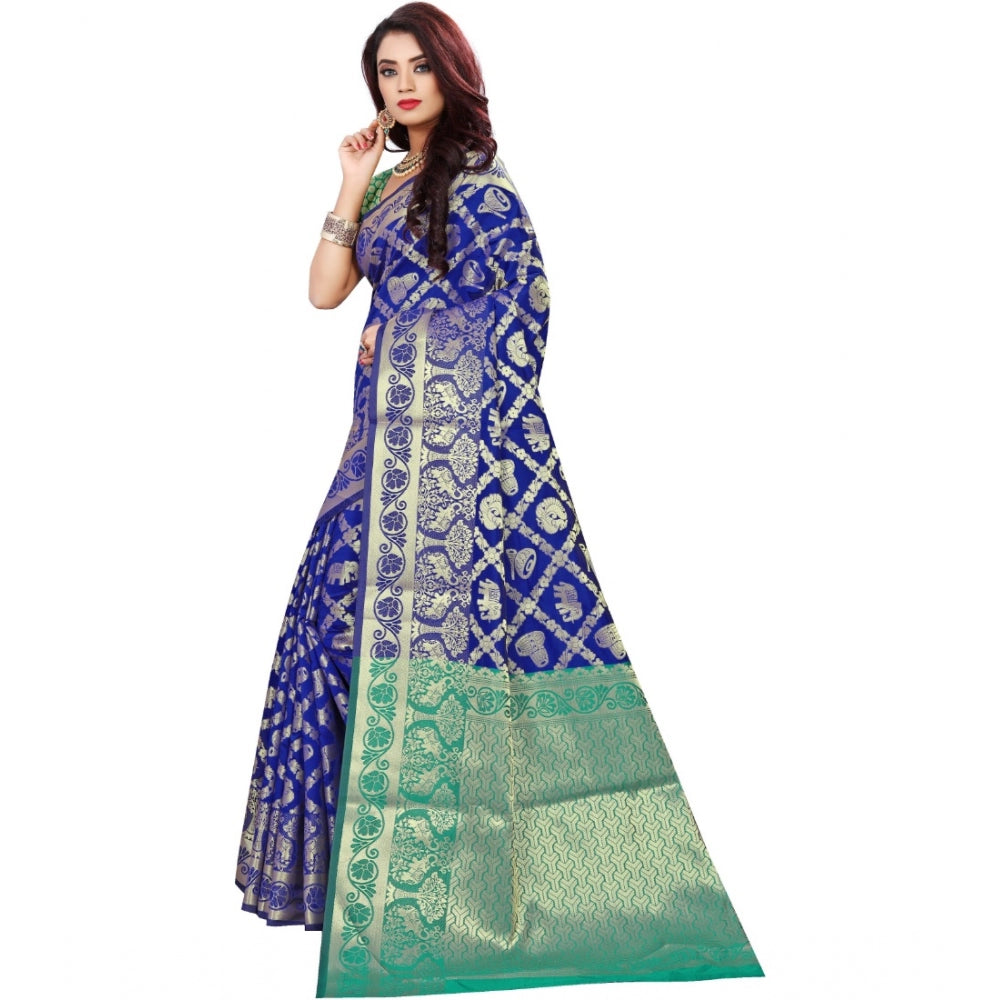 Snuggle Spot Women's Jacquard Woven Saree With Unstitched Blouse 5.5Mtr (Blue)