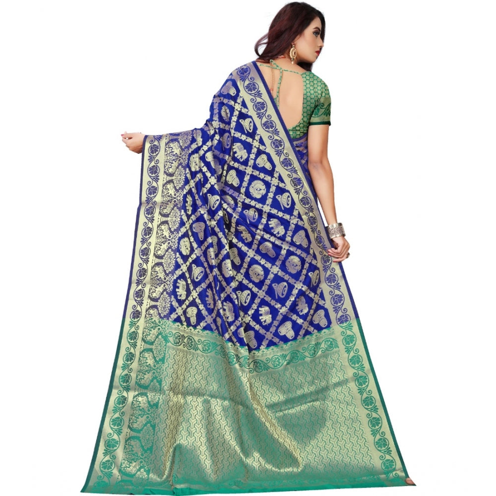 Snuggle Spot Women's Jacquard Woven Saree With Unstitched Blouse 5.5Mtr (Blue)